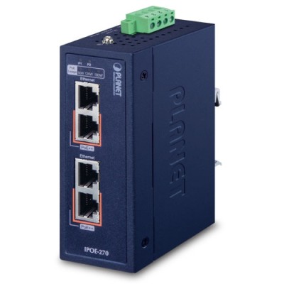PLANET IPOE-270-12V Industrial 2-port Multi-Gigabit 802.3bt PoE++ Injector Hub w/12V Booster (-40~75 degrees C, 12~54VDC)