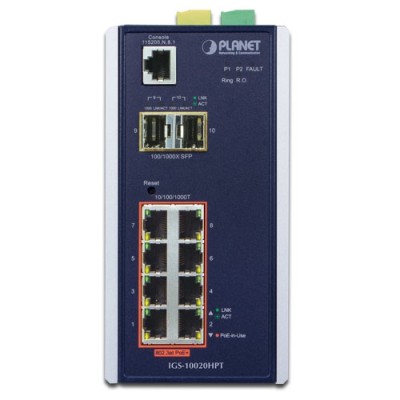 PLANET IGS-10020HPT Industrial 8-port 10/100/1000T 802.3at PoE + 2-port 1G/2.5G SFP Managed Switch