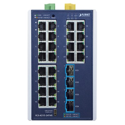 PLANET IGS-4215-24T4X Industrial L2+ 24-Port 10/100/1000T + 4-Port 10G SFP+ Managed Ethernet Switch