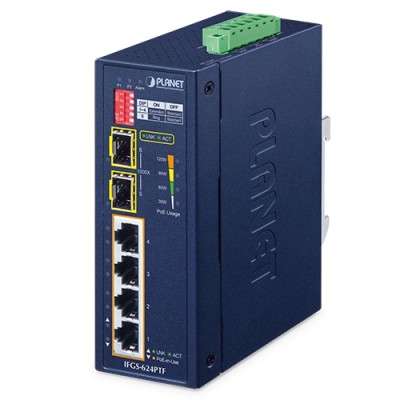 PLANET IFGS-624PTF Industrial 4-Port 10/100TX 802.3at PoE + 2-Port 1000X SFP Ring Ethernet Switch