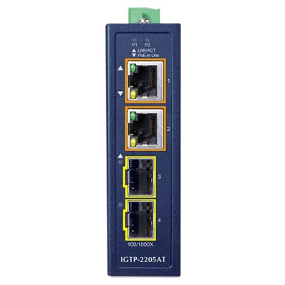 PLANET IGTP-2205AT Compact Industrial 2-Port 100/1000X SFP to 2-Port 10/100/1000T 802.3at PoE+ Media Converter