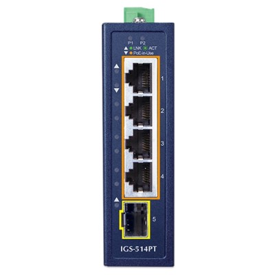 PLANET IGS-514PT Compact Industrial 4-Port 10/100/1000T 802.3at PoE + 1-Port 100/1000X SFP Ethernet Switch