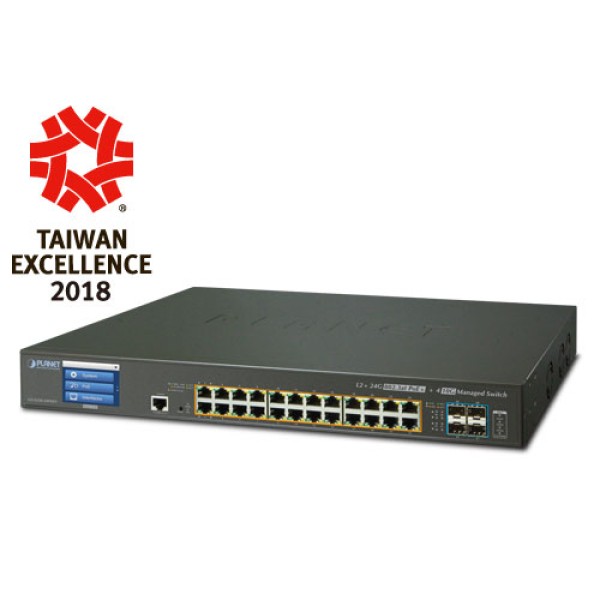 PLANET GS-5220-24P4XV L2+ 24-Port 10/100/1000T 802.3at PoE + 4-Port 10G SFP+ Managed Switch with LCD touch screen