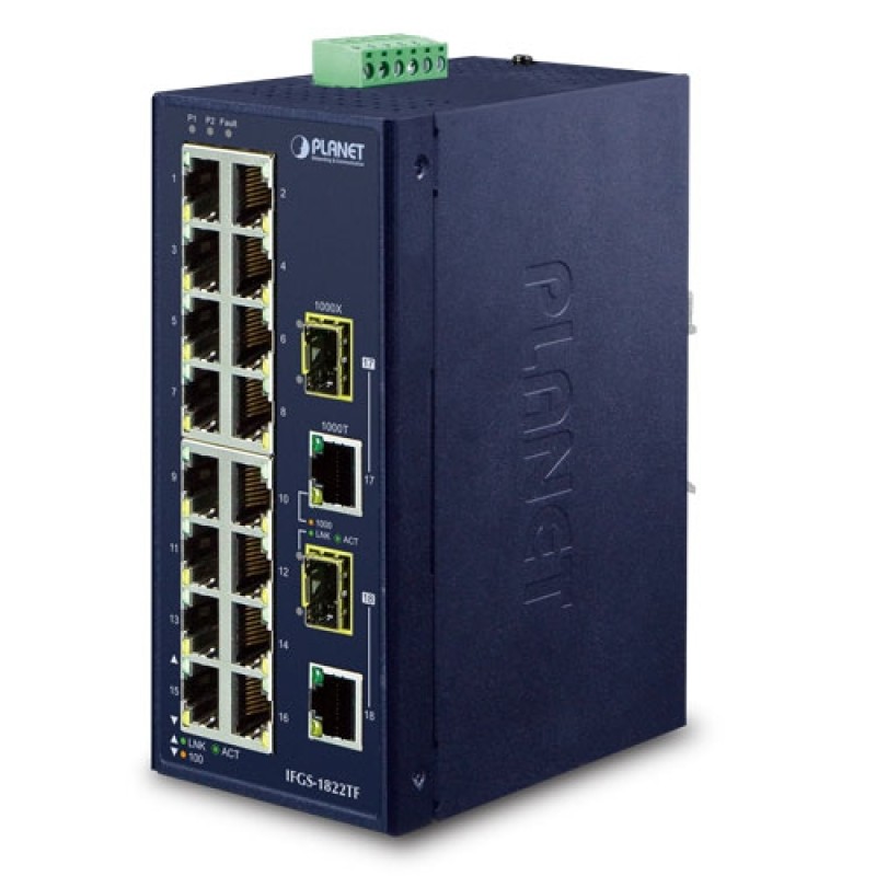 PLANET IFGS-1822TF Industrial 16-Port 10/100TX + 2-Port Gigabit TP/SFP  Combo Ethernet Switch (-40~75 degrees C)
