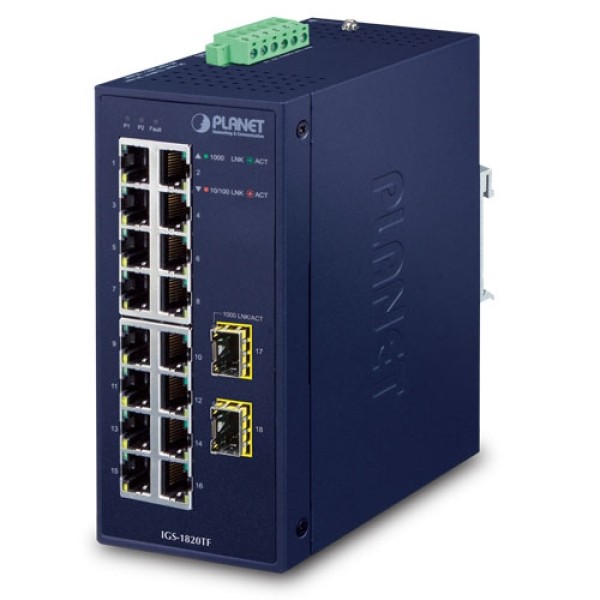 PLANET IGS-1820TF Industrial 16-Port 10/100/1000T + 2-Port 1000X SFP Ethernet Switch
