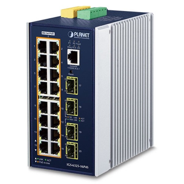 PLANET IGS-6325-16P4S L3 Industrial 16-Port 10/100/1000T 802.3at PoE + 4-Port 100/1000X SFP Managed Ethernet Switch