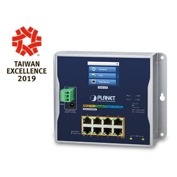Planet WGS-5225-8P2SV Industrial L2+ 8-Port 10/100/1000T 802.3at PoE + 2-Port 100/1000X SFP Wall-mount Managed Switch with LCD touch screen