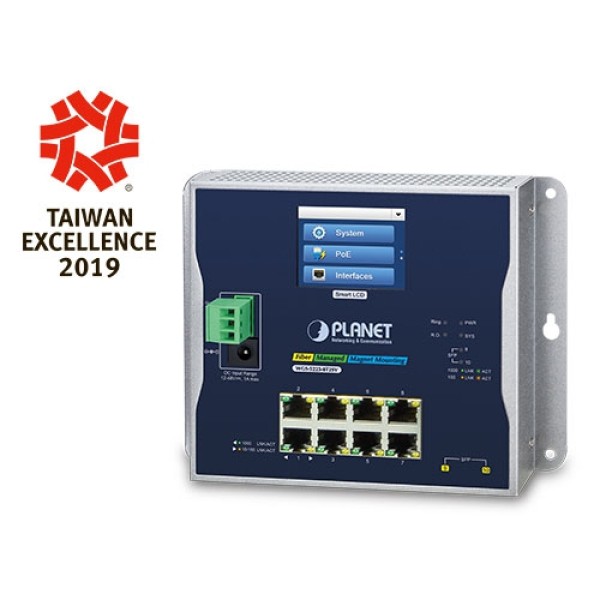PLANET WGS-5225-8T2SV Industrial L2+ 8-Port 10/100/1000T + 2-Port 100/1000X SFP Wall-mount Managed Switch with LCD Touch Screen